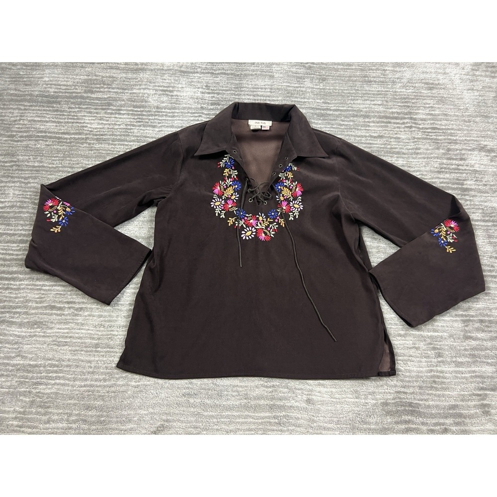 Hello Dolly Top Womens‎ Large Brown Long Sleeve Lace up V-Neck Embroidered